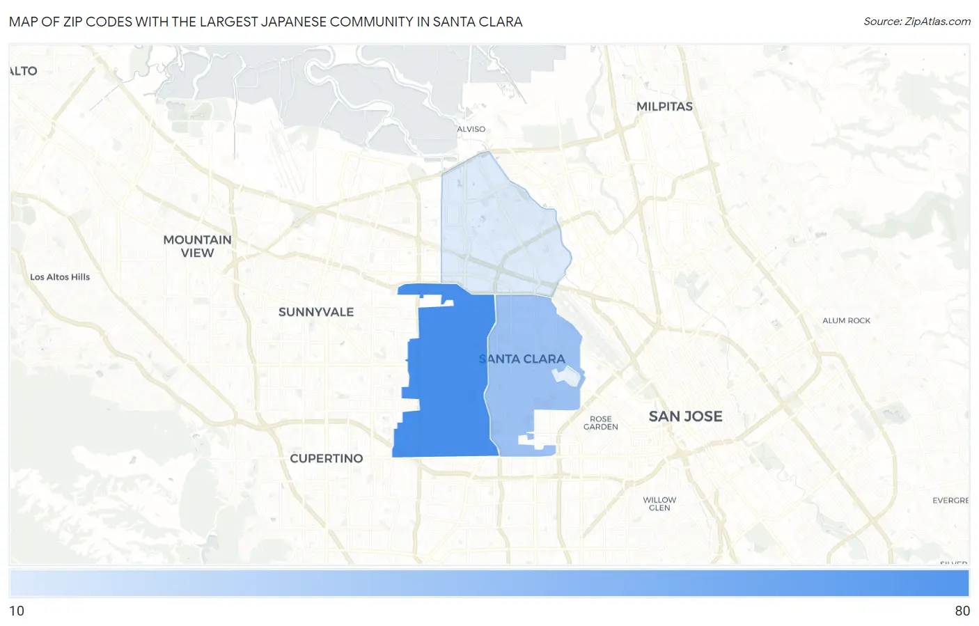 Zip Codes with the Largest Japanese Community in Santa Clara Map