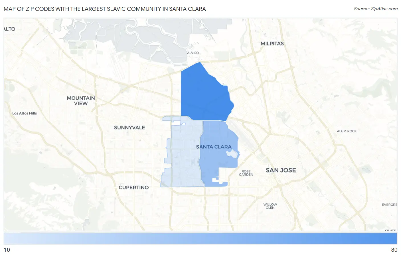 Zip Codes with the Largest Slavic Community in Santa Clara Map