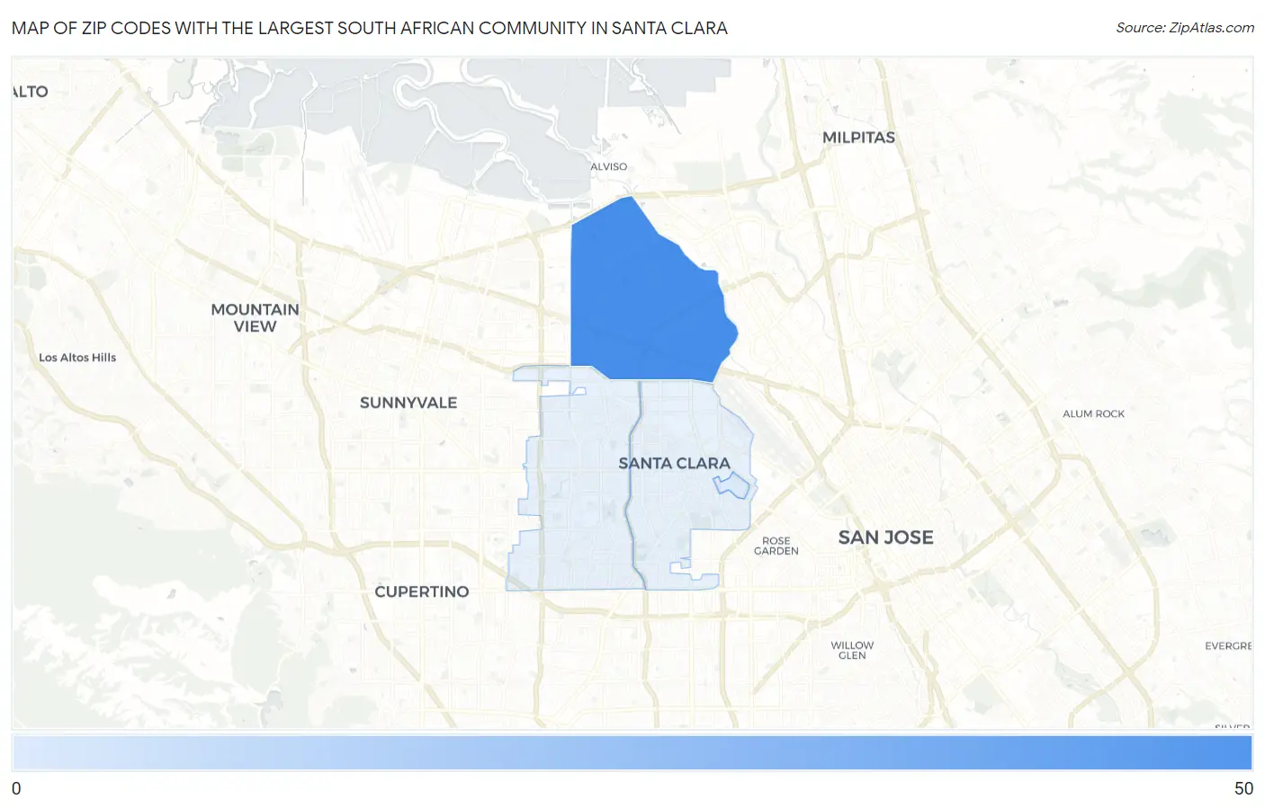 Zip Codes with the Largest South African Community in Santa Clara Map