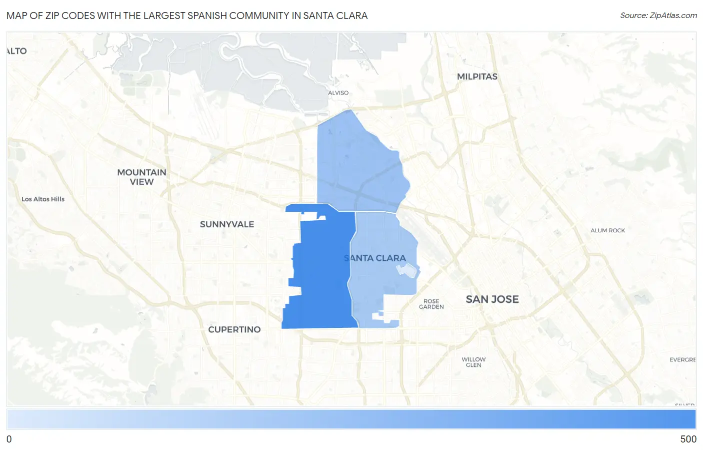 Zip Codes with the Largest Spanish Community in Santa Clara Map