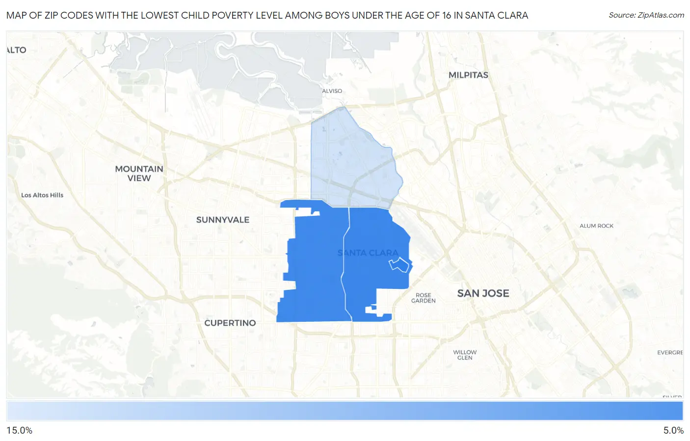 Zip Codes with the Lowest Child Poverty Level Among Boys Under the Age of 16 in Santa Clara Map