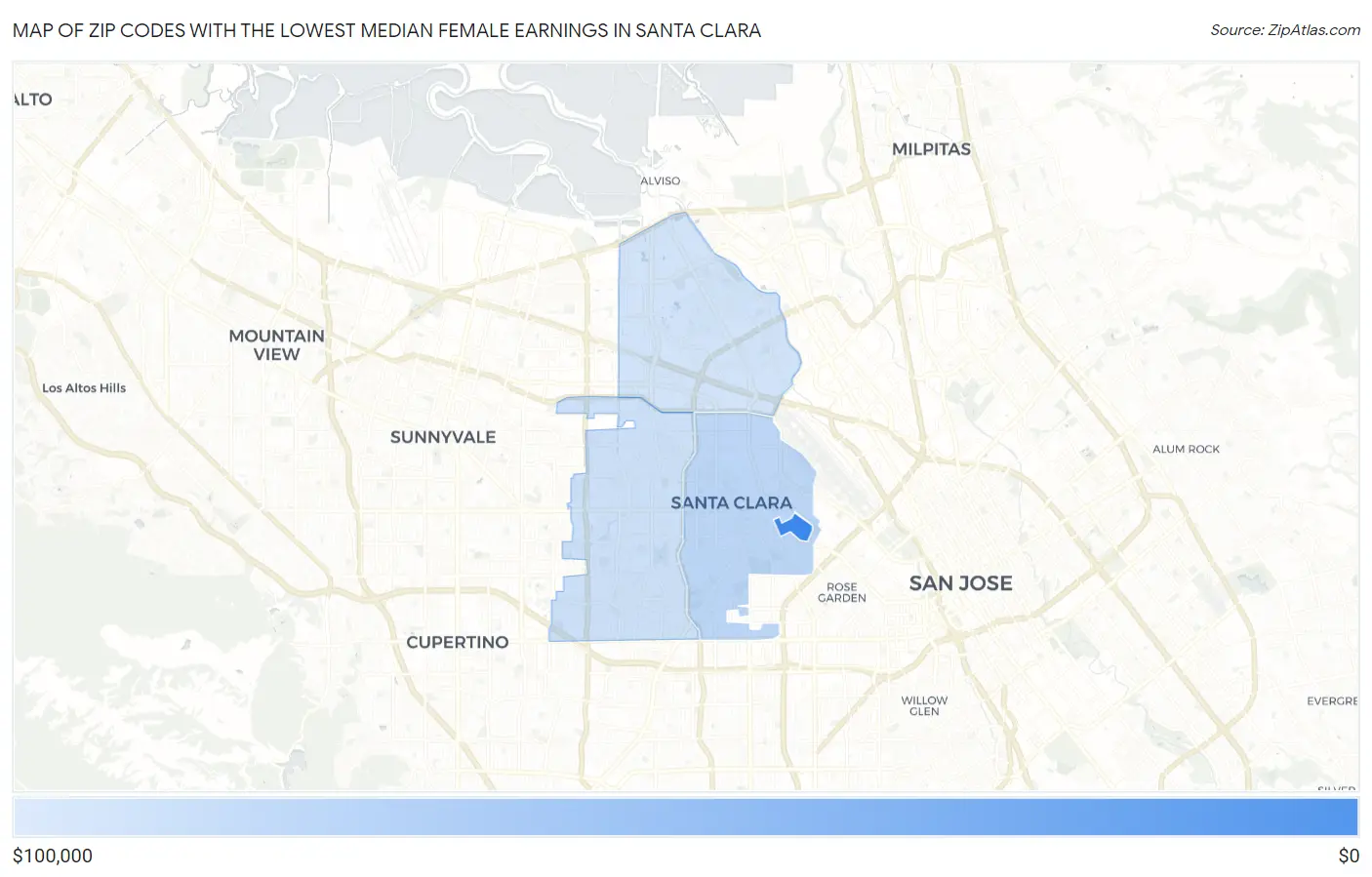 Zip Codes with the Lowest Median Female Earnings in Santa Clara Map
