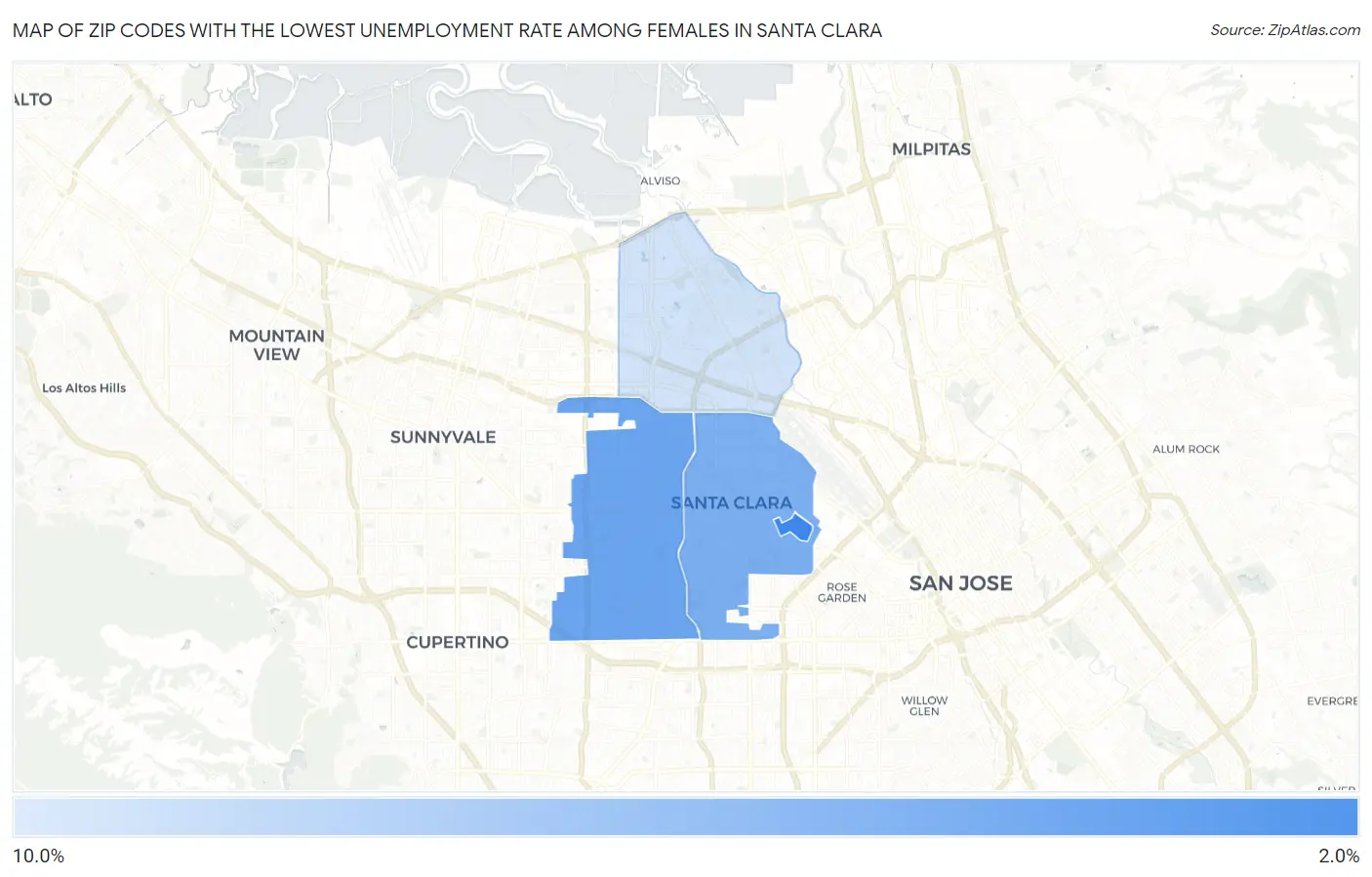 Zip Codes with the Lowest Unemployment Rate Among Females in Santa Clara Map