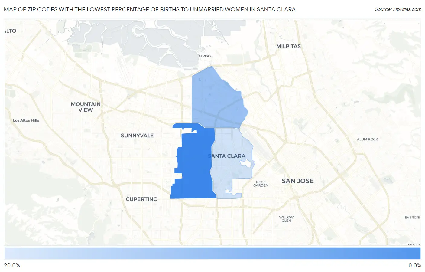 Zip Codes with the Lowest Percentage of Births to Unmarried Women in Santa Clara Map