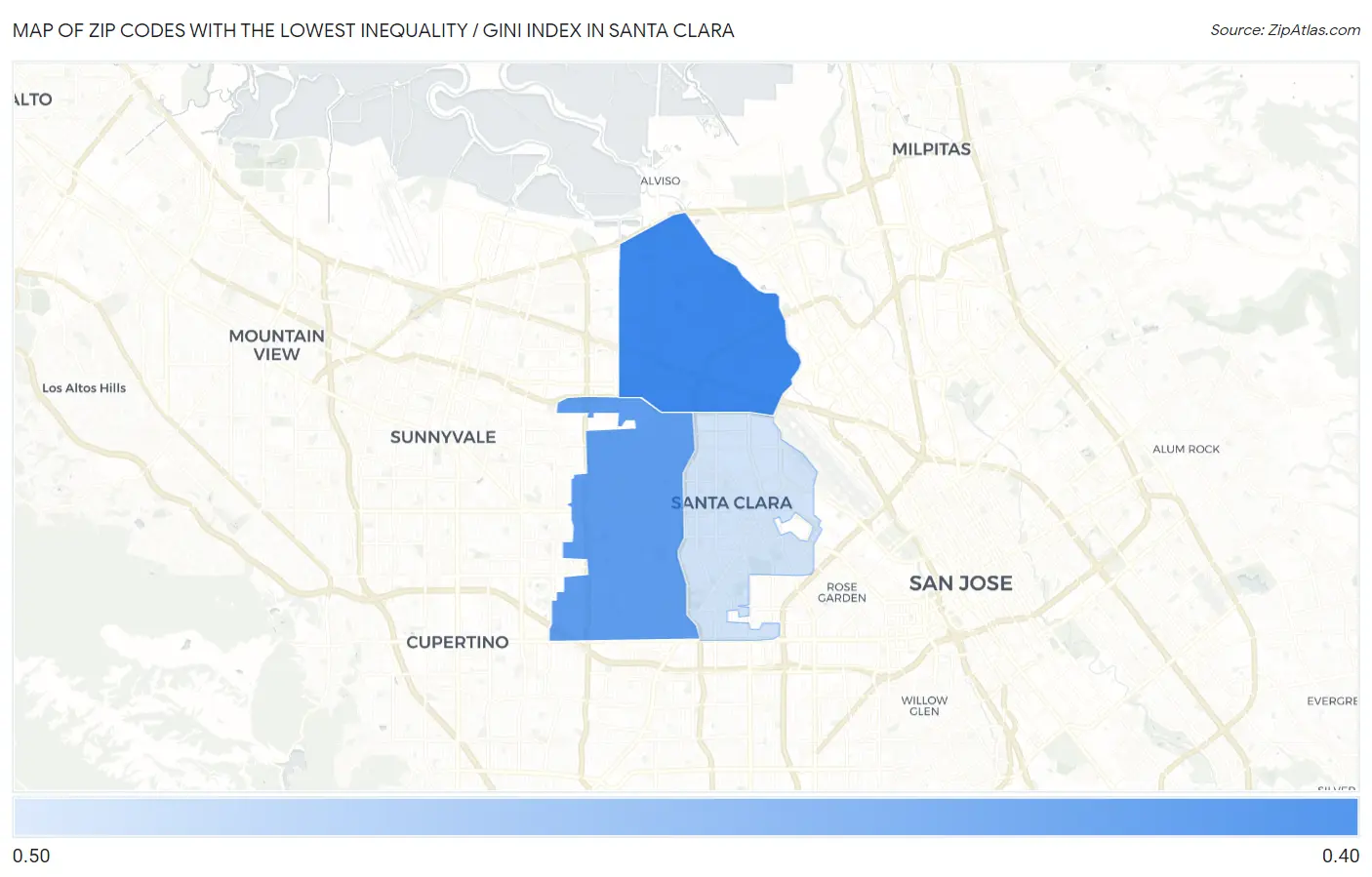 Zip Codes with the Lowest Inequality / Gini Index in Santa Clara Map