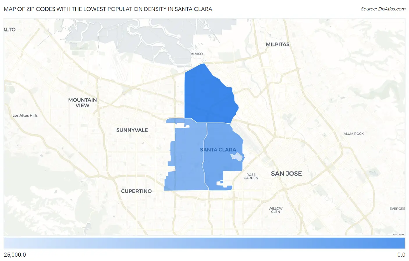 Zip Codes with the Lowest Population Density in Santa Clara Map