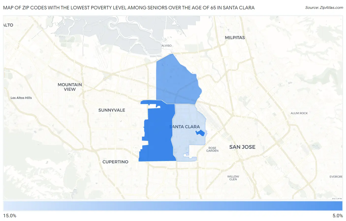 Zip Codes with the Lowest Poverty Level Among Seniors Over the Age of 65 in Santa Clara Map