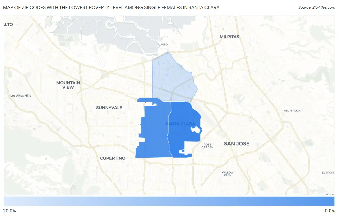 Zip Codes with the Lowest Poverty Level Among Single Females in Santa Clara Map