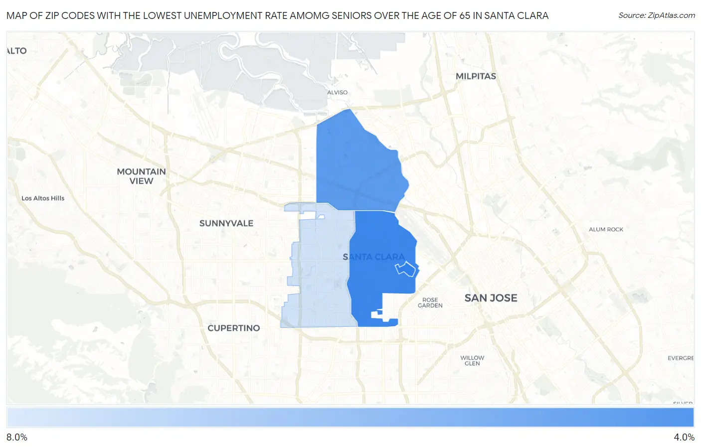 Zip Codes with the Lowest Unemployment Rate Amomg Seniors Over the Age of 65 in Santa Clara Map