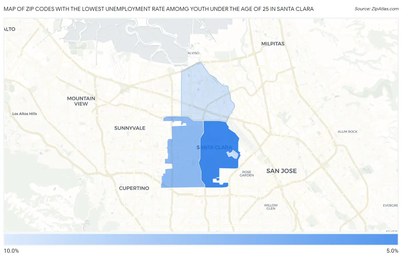 Zip Codes with the Lowest Unemployment Rate Amomg Youth Under the Age of 25 in Santa Clara Map