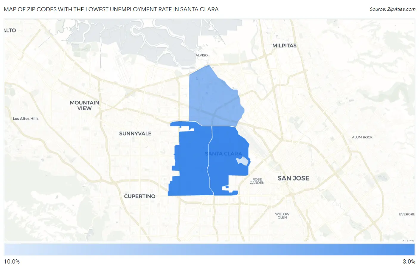 Zip Codes with the Lowest Unemployment Rate in Santa Clara Map