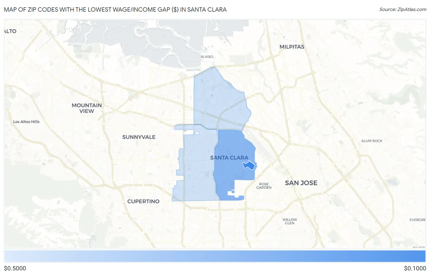 Zip Codes with the Lowest Wage/Income Gap ($) in Santa Clara Map