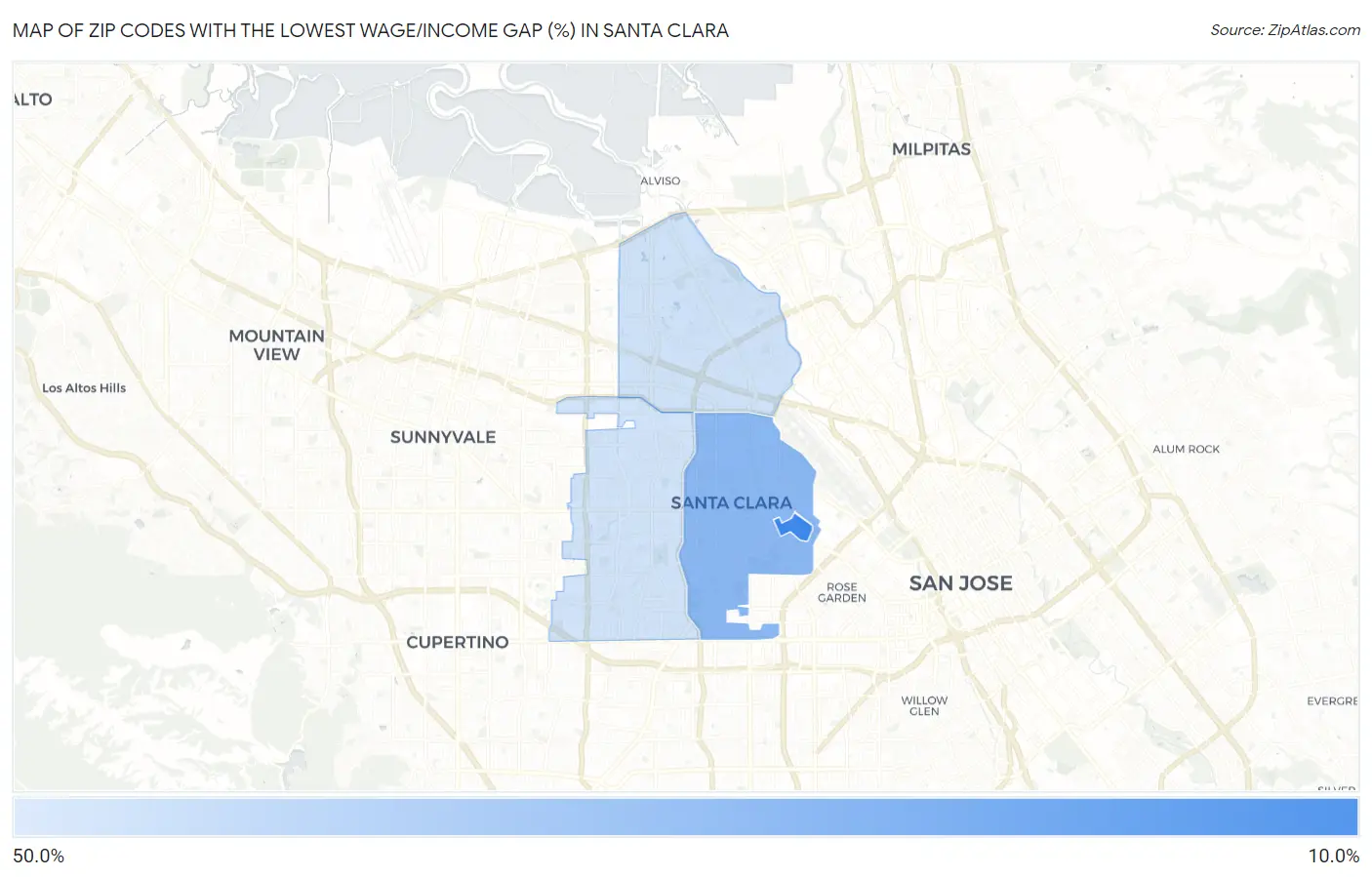 Zip Codes with the Lowest Wage/Income Gap (%) in Santa Clara Map