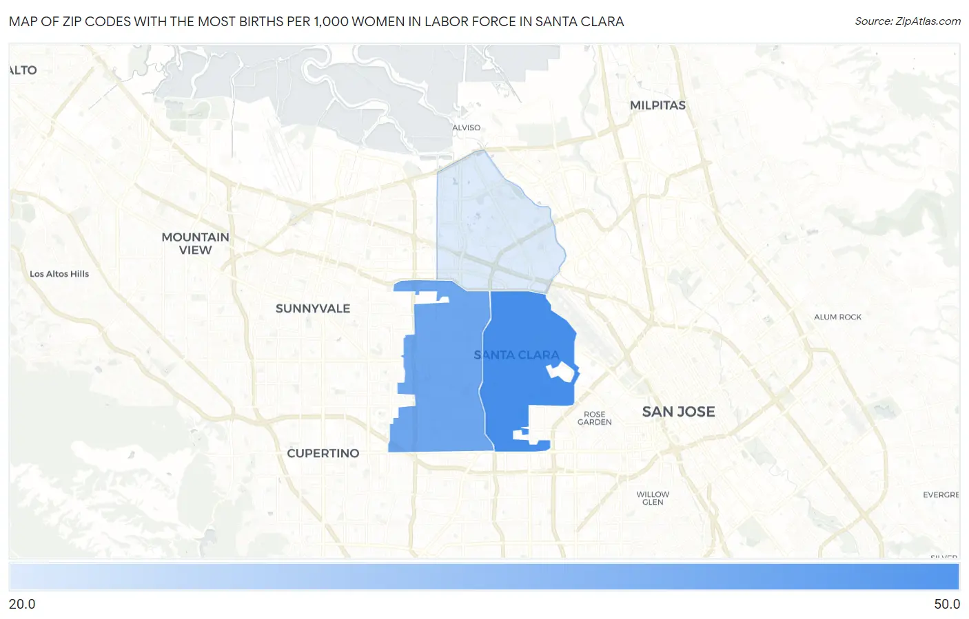 Zip Codes with the Most Births per 1,000 Women in Labor Force in Santa Clara Map