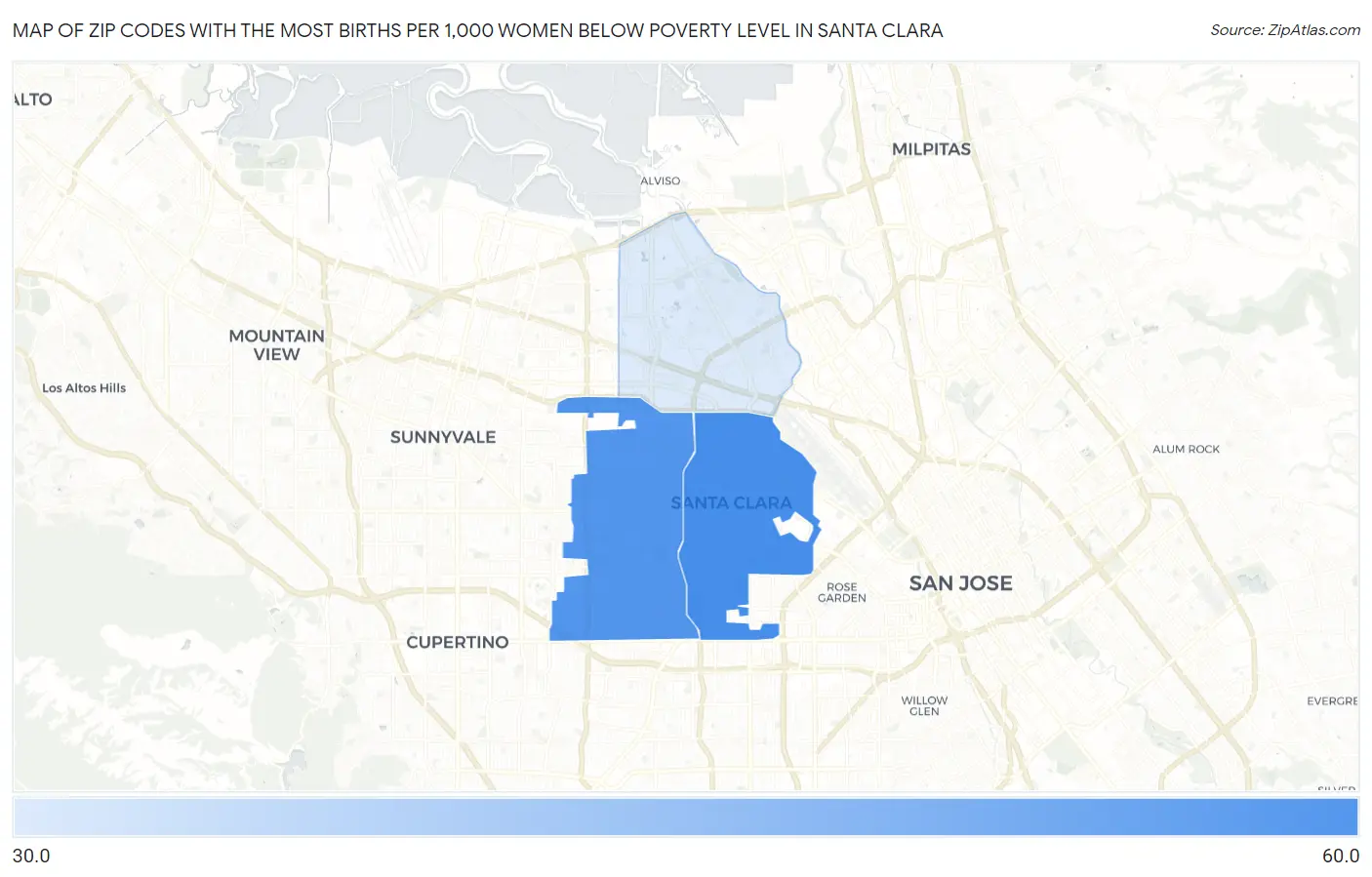 Zip Codes with the Most Births per 1,000 Women Below Poverty Level in Santa Clara Map