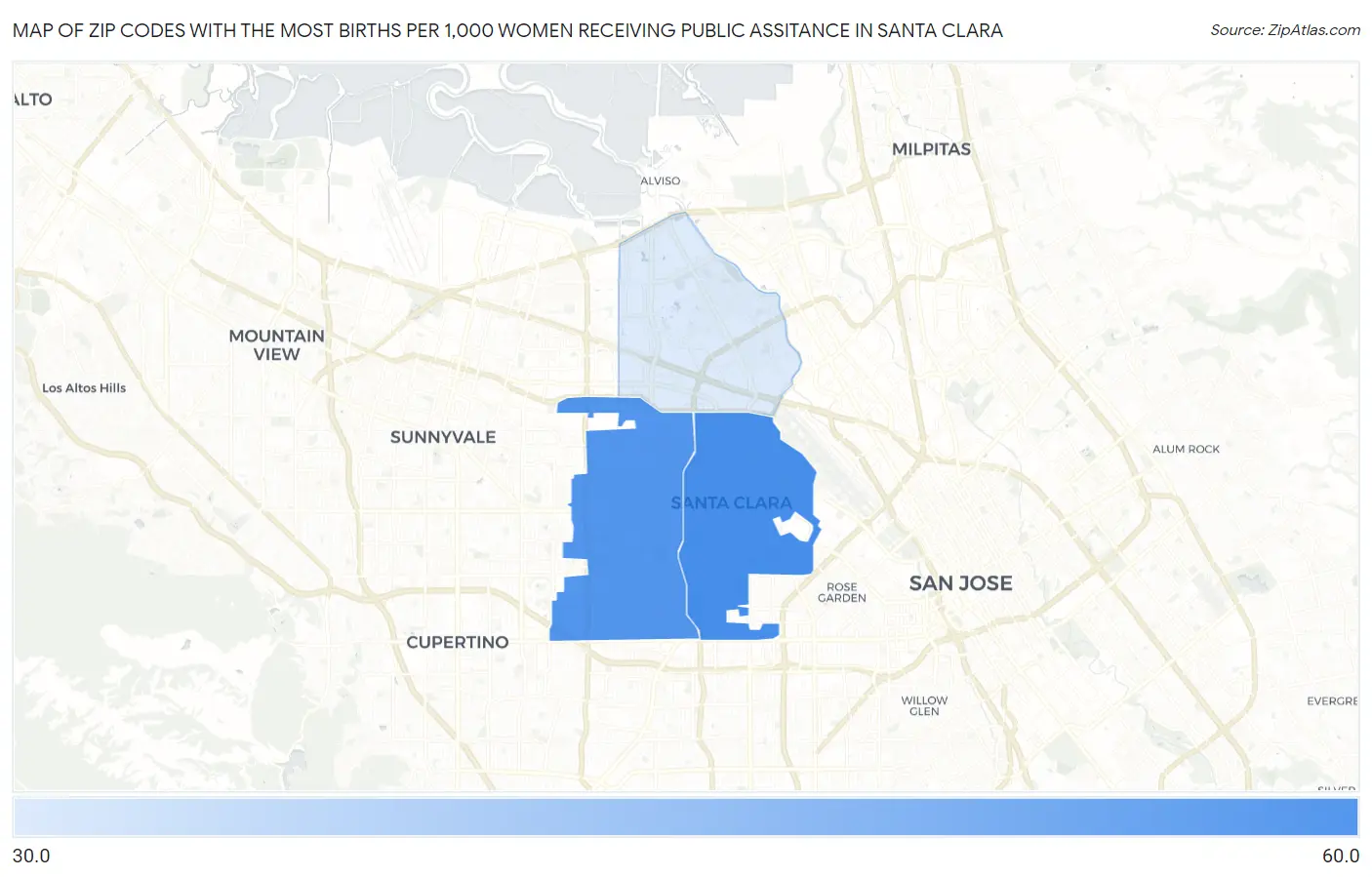 Zip Codes with the Most Births per 1,000 Women Receiving Public Assitance in Santa Clara Map