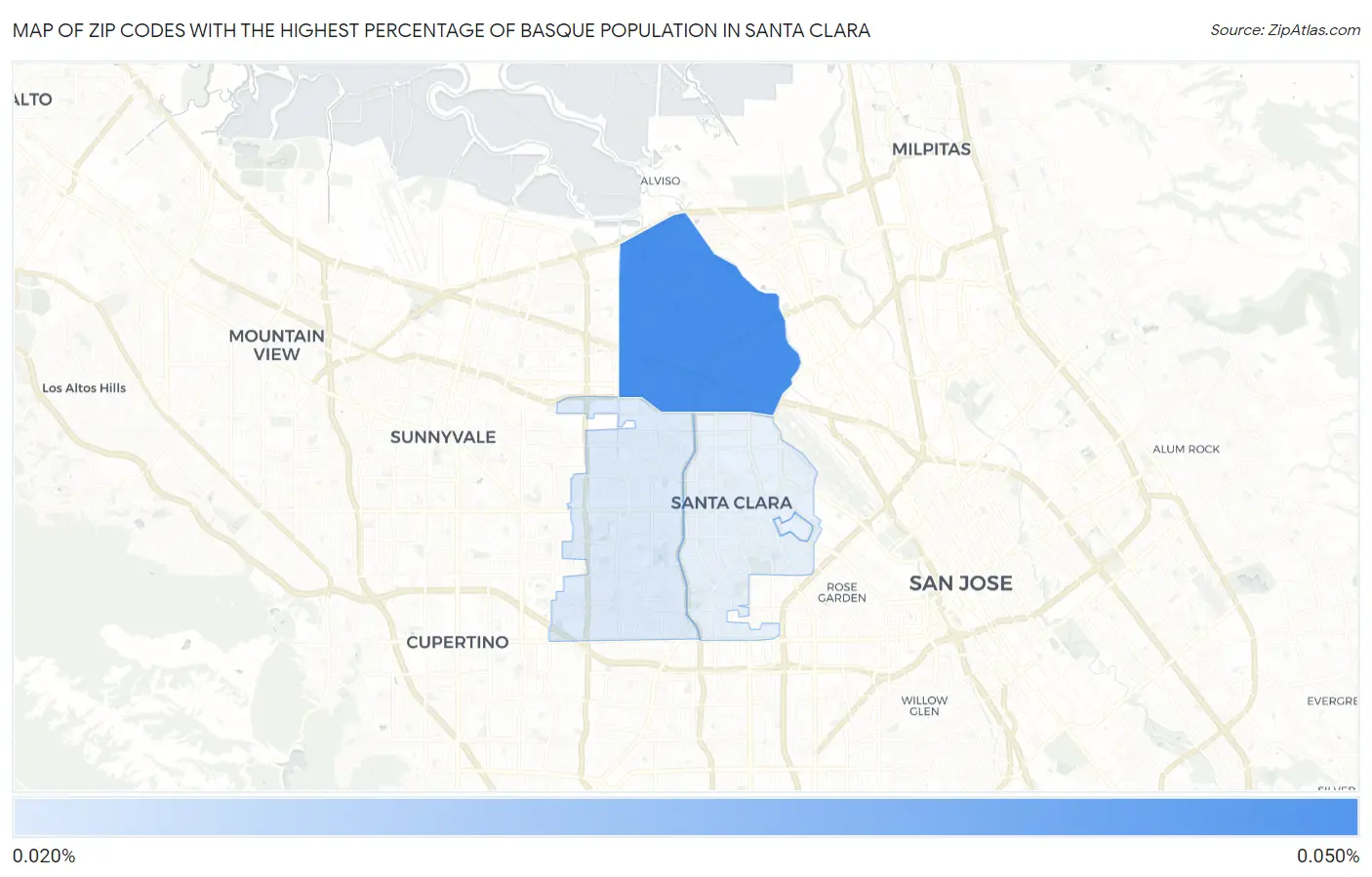 Zip Codes with the Highest Percentage of Basque Population in Santa Clara Map
