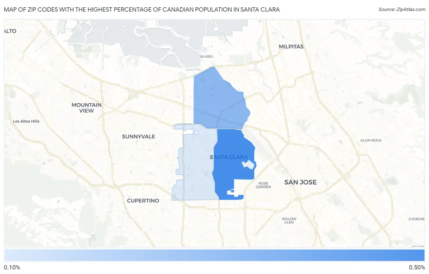 Zip Codes with the Highest Percentage of Canadian Population in Santa Clara Map