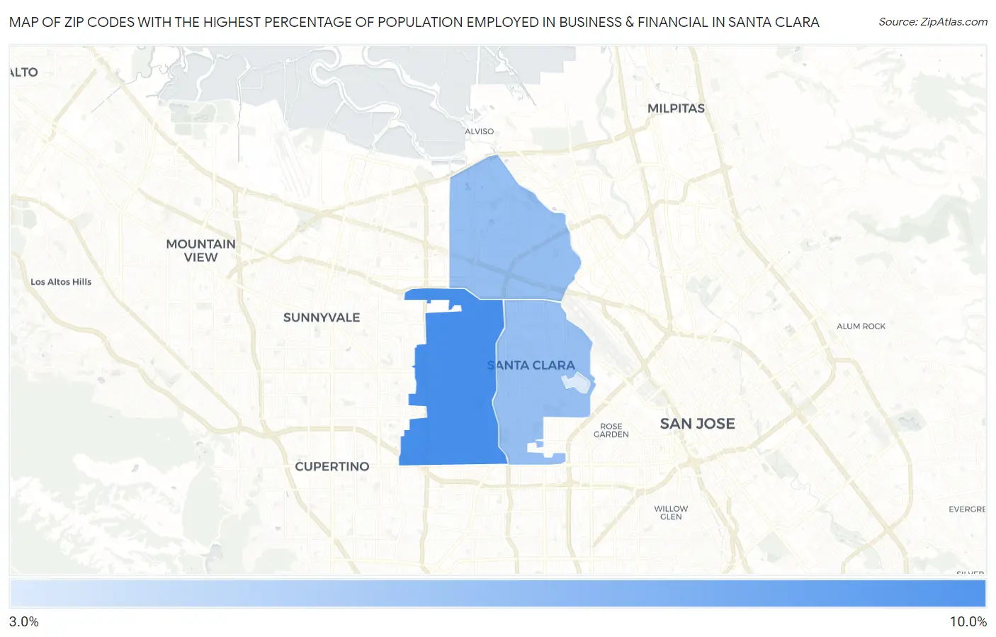 Zip Codes with the Highest Percentage of Population Employed in Business & Financial in Santa Clara Map