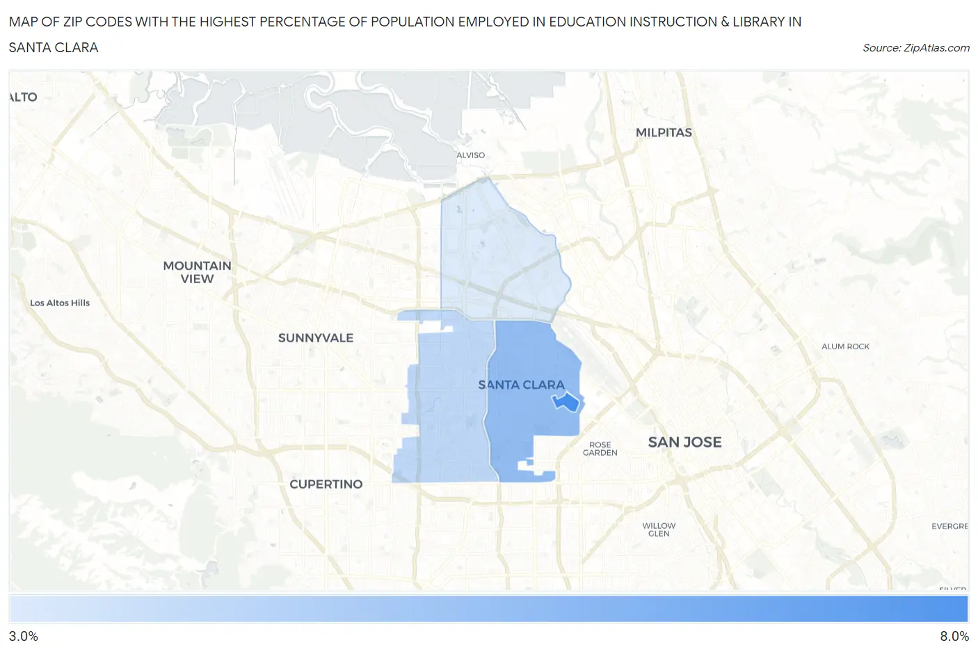 Zip Codes with the Highest Percentage of Population Employed in Education Instruction & Library in Santa Clara Map
