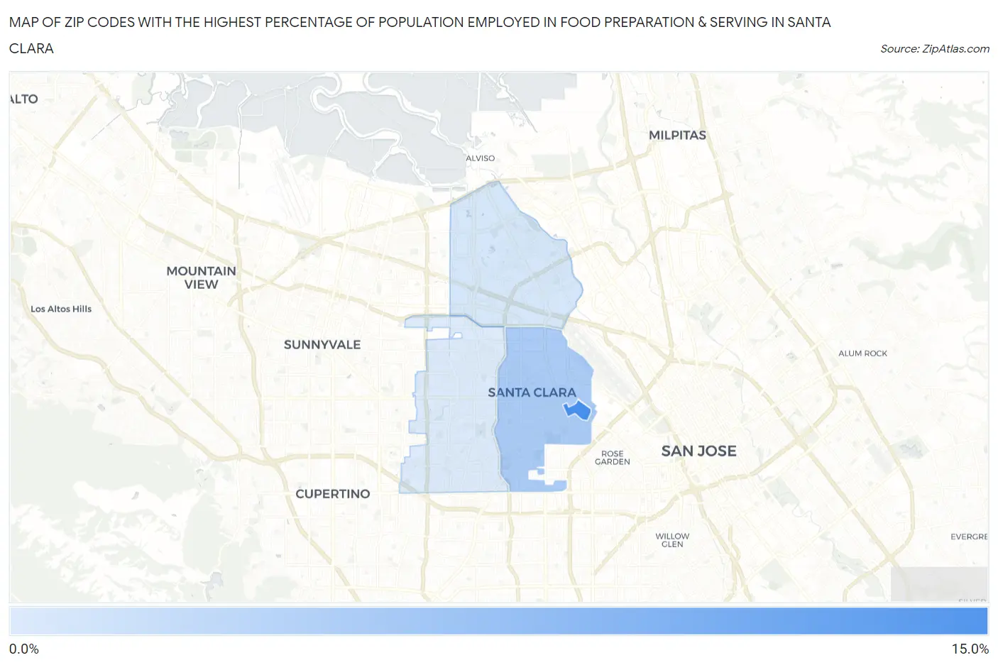 Zip Codes with the Highest Percentage of Population Employed in Food Preparation & Serving in Santa Clara Map