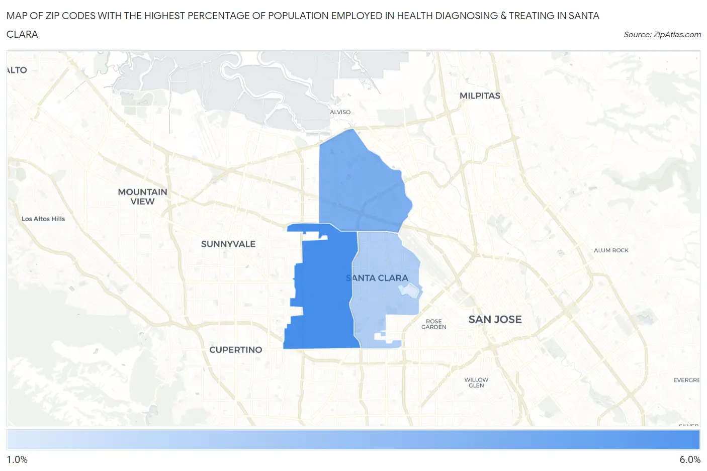 Zip Codes with the Highest Percentage of Population Employed in Health Diagnosing & Treating in Santa Clara Map