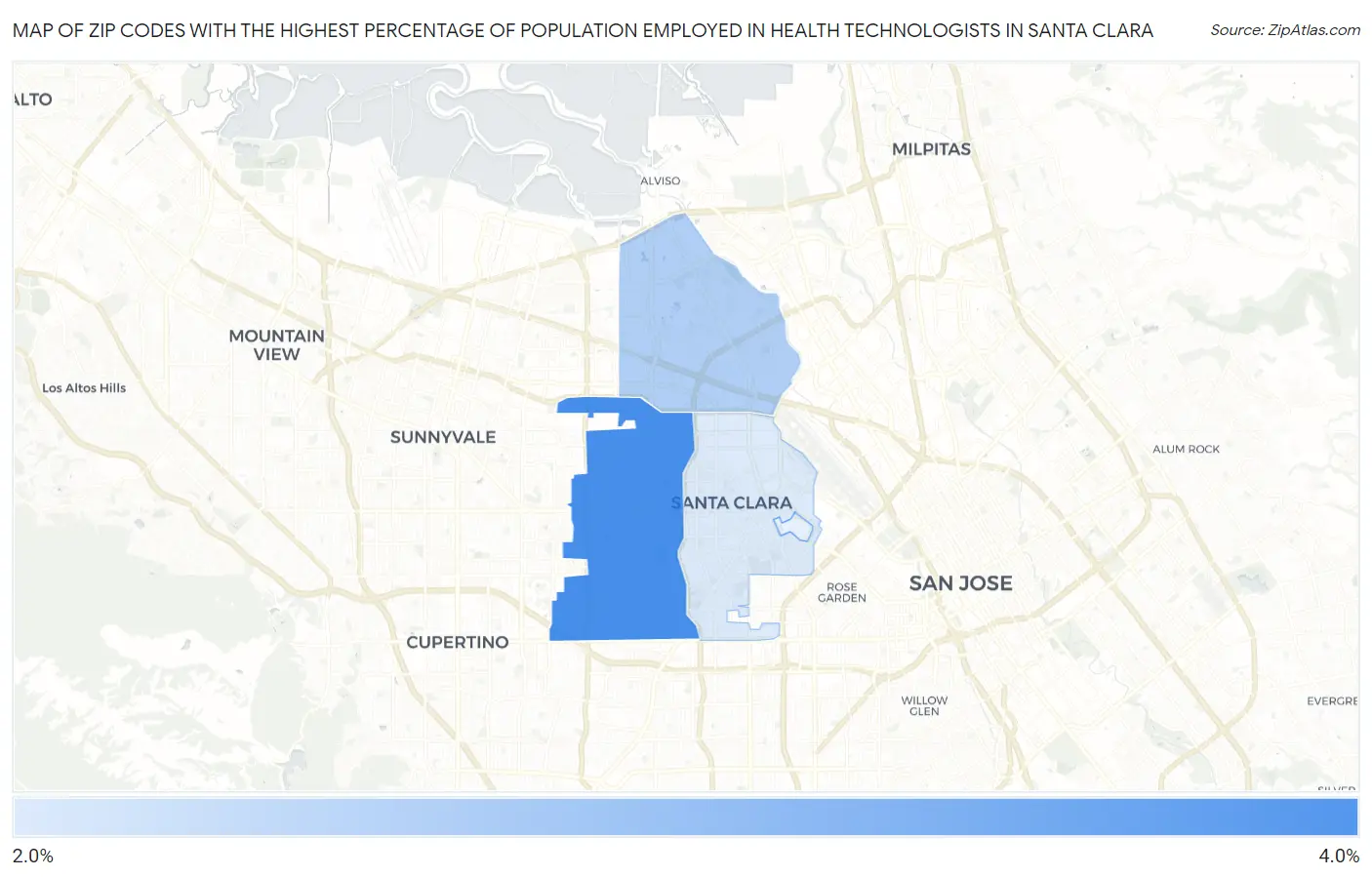 Zip Codes with the Highest Percentage of Population Employed in Health Technologists in Santa Clara Map