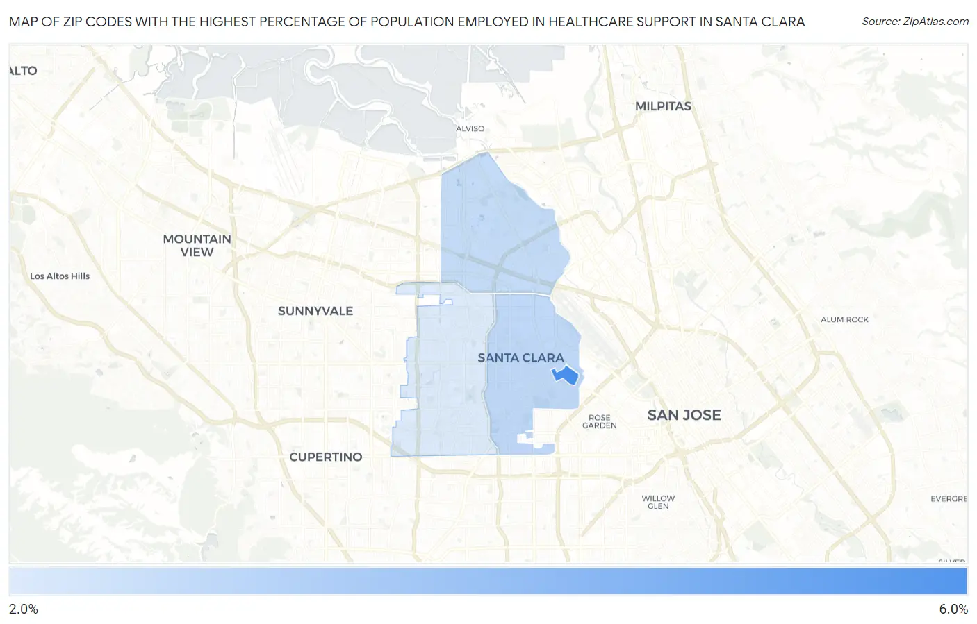 Zip Codes with the Highest Percentage of Population Employed in Healthcare Support in Santa Clara Map