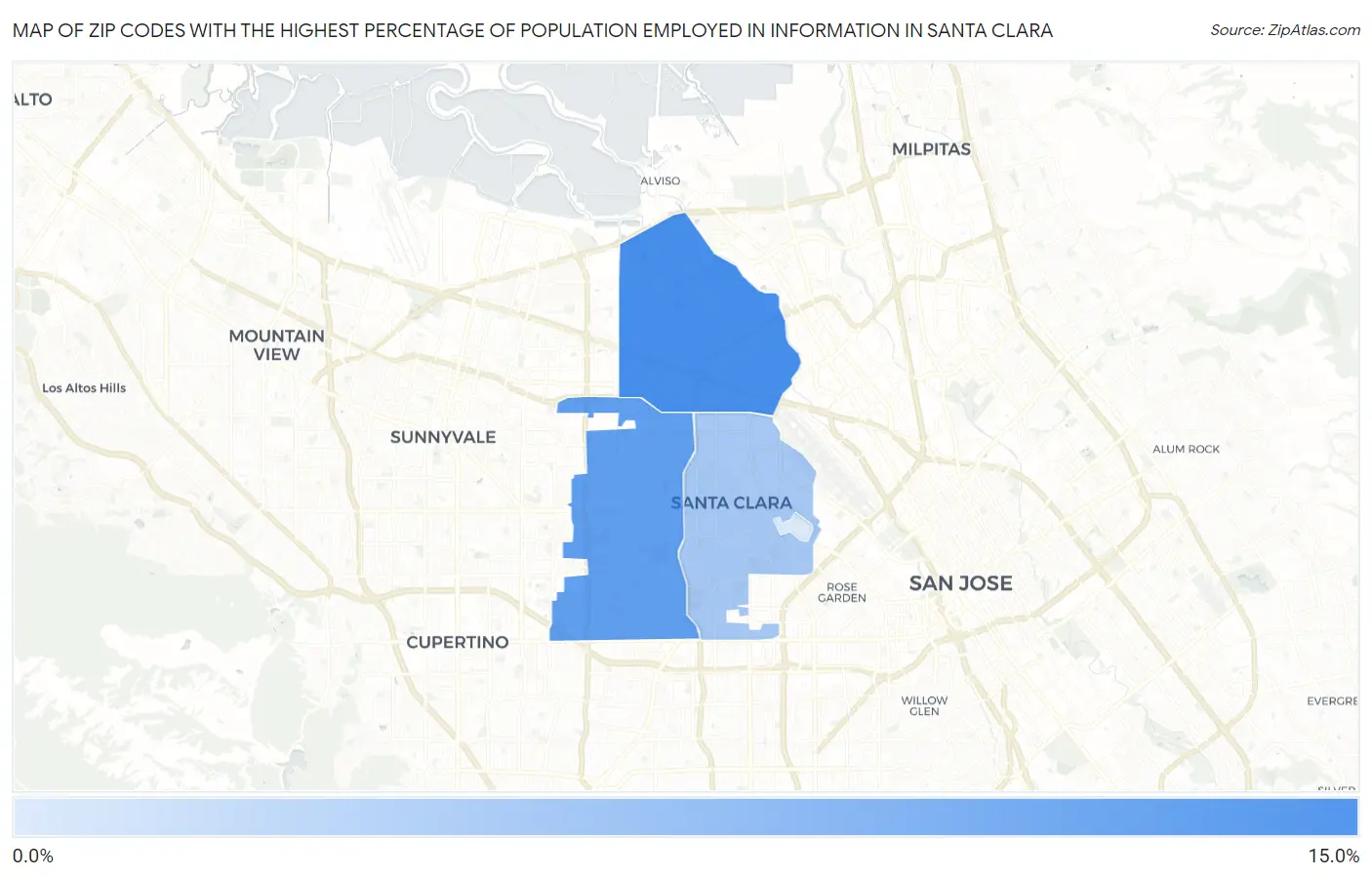 Zip Codes with the Highest Percentage of Population Employed in Information in Santa Clara Map