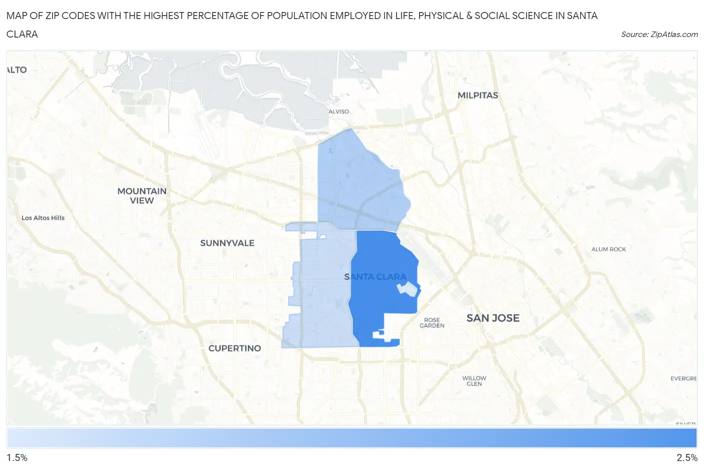 Zip Codes with the Highest Percentage of Population Employed in Life, Physical & Social Science in Santa Clara Map