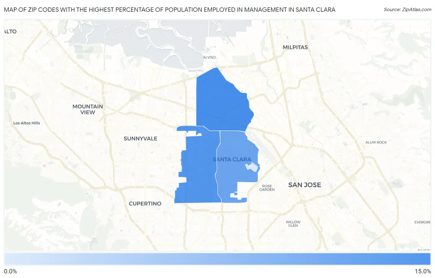 Zip Codes with the Highest Percentage of Population Employed in Management in Santa Clara Map