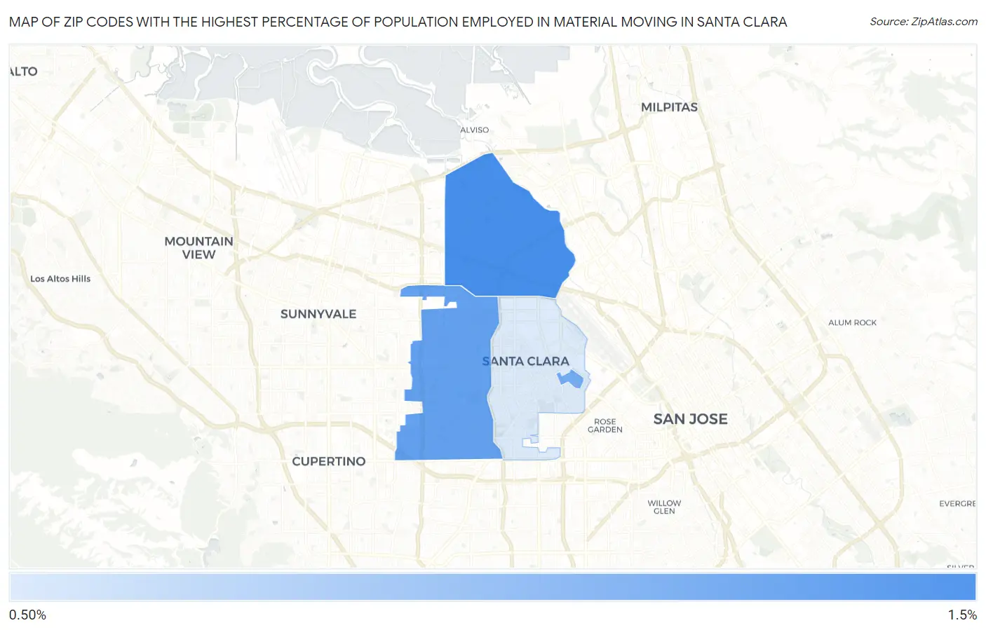 Zip Codes with the Highest Percentage of Population Employed in Material Moving in Santa Clara Map