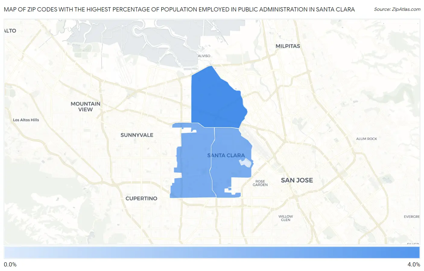 Zip Codes with the Highest Percentage of Population Employed in Public Administration in Santa Clara Map