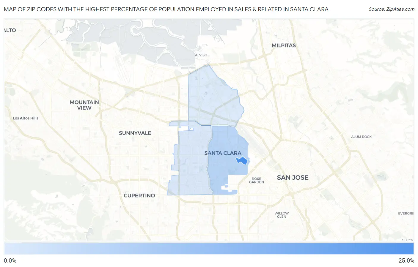 Zip Codes with the Highest Percentage of Population Employed in Sales & Related in Santa Clara Map