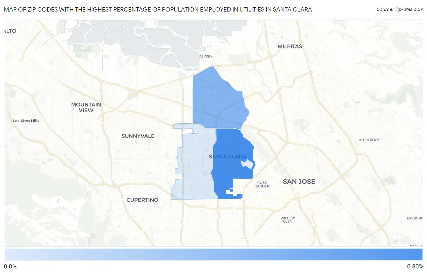 Zip Codes with the Highest Percentage of Population Employed in Utilities in Santa Clara Map