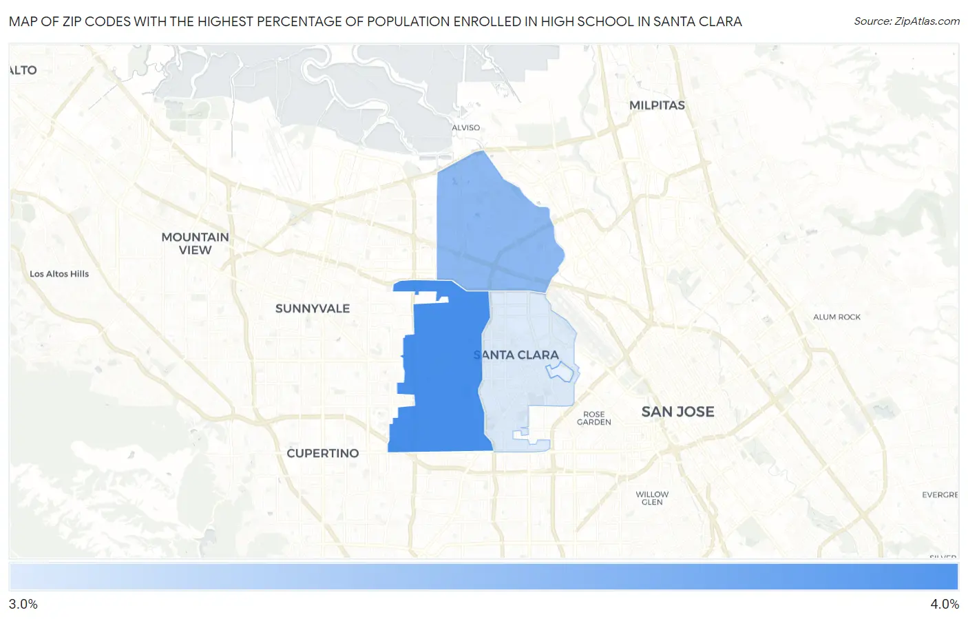 Zip Codes with the Highest Percentage of Population Enrolled in High School in Santa Clara Map