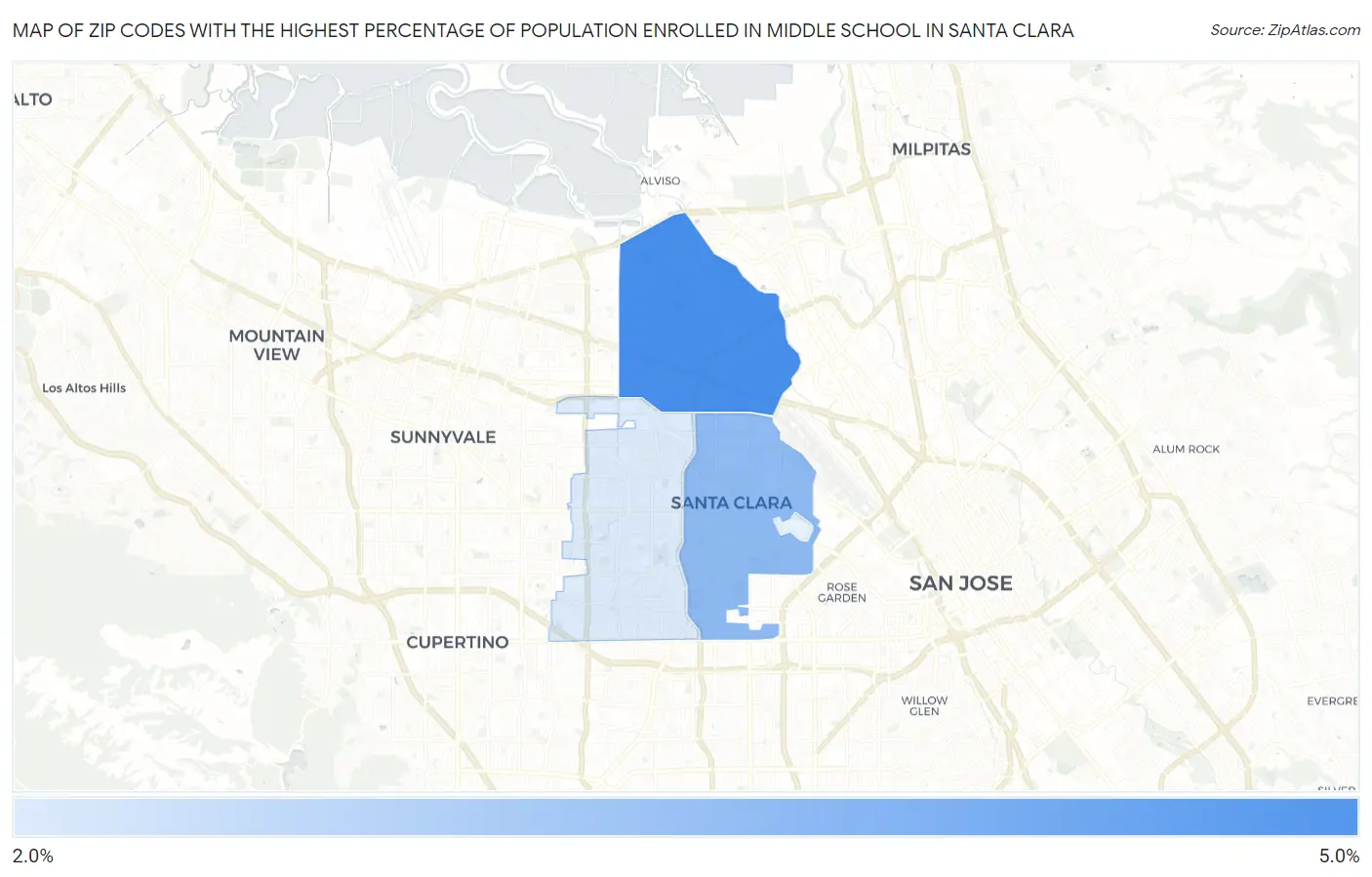 Zip Codes with the Highest Percentage of Population Enrolled in Middle School in Santa Clara Map