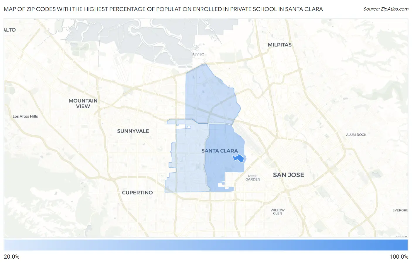 Zip Codes with the Highest Percentage of Population Enrolled in Private School in Santa Clara Map