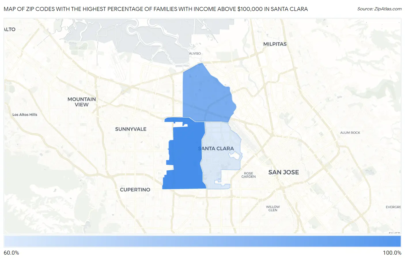 Zip Codes with the Highest Percentage of Families with Income Above $100,000 in Santa Clara Map
