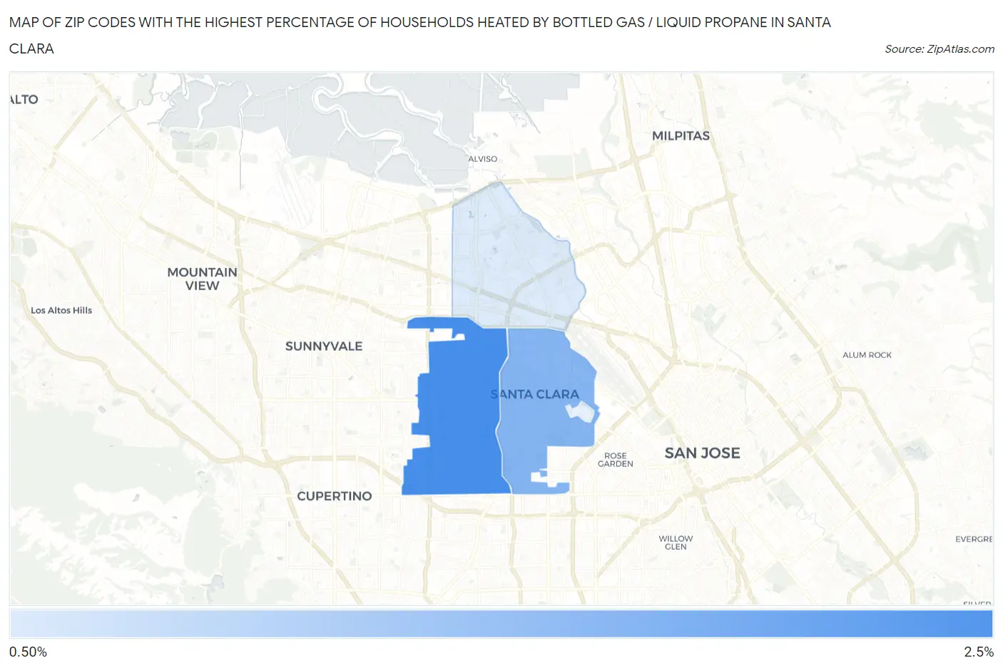 Zip Codes with the Highest Percentage of Households Heated by Bottled Gas / Liquid Propane in Santa Clara Map