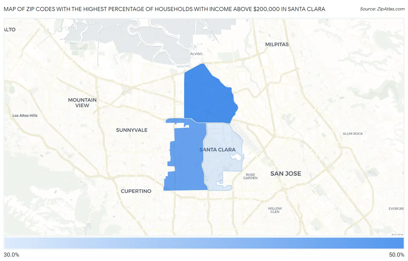 Zip Codes with the Highest Percentage of Households with Income Above $200,000 in Santa Clara Map