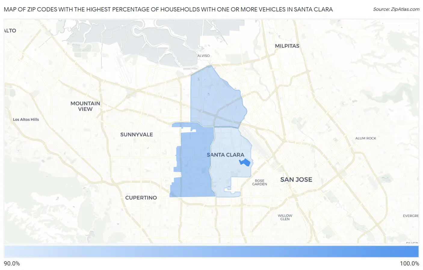 Zip Codes with the Highest Percentage of Households With One or more Vehicles in Santa Clara Map