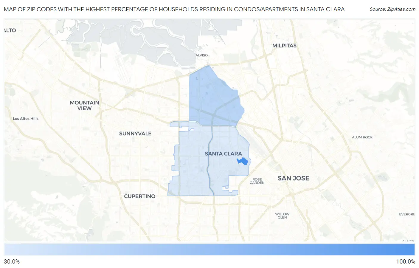 Zip Codes with the Highest Percentage of Households Residing in Condos/Apartments in Santa Clara Map