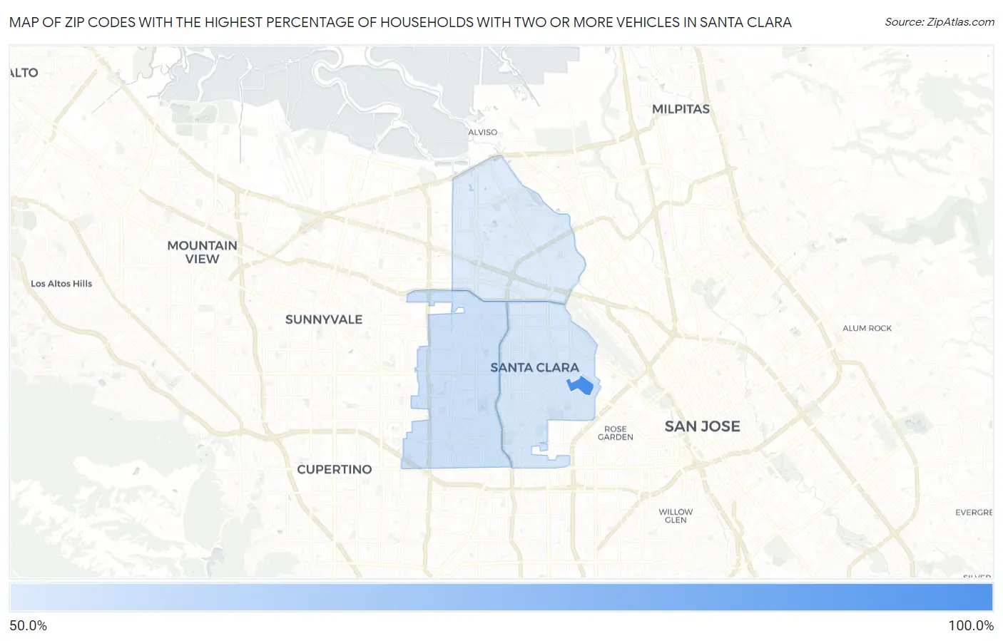 Zip Codes with the Highest Percentage of Households With Two or more Vehicles in Santa Clara Map