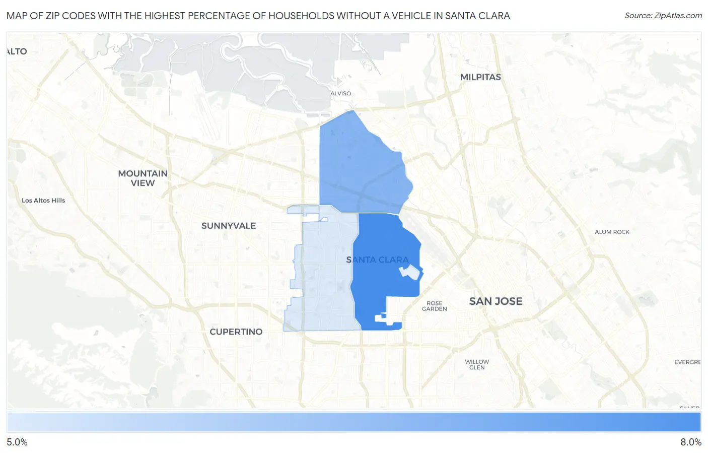 Zip Codes with the Highest Percentage of Households Without a Vehicle in Santa Clara Map