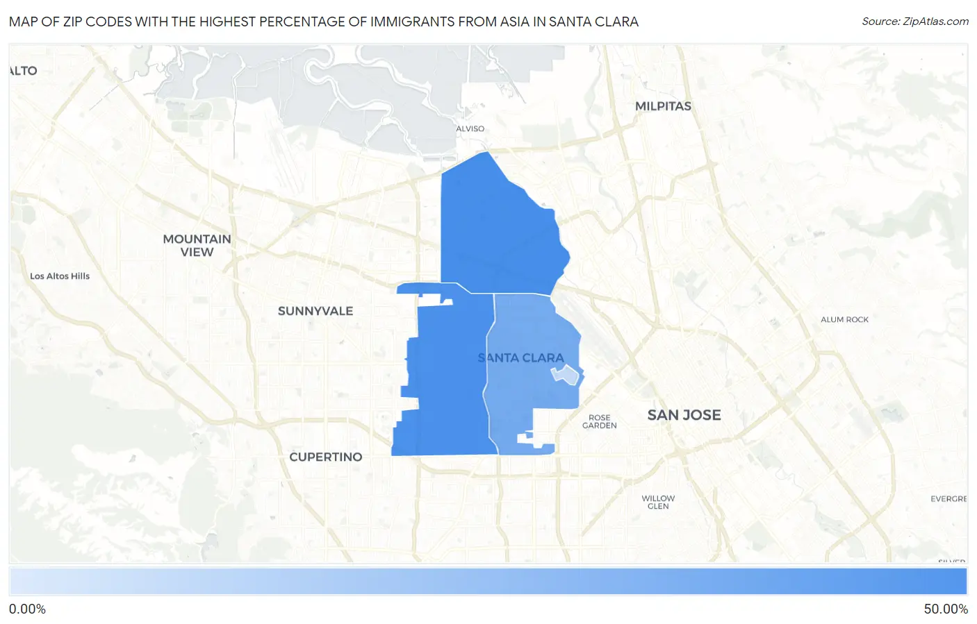 Zip Codes with the Highest Percentage of Immigrants from Asia in Santa Clara Map