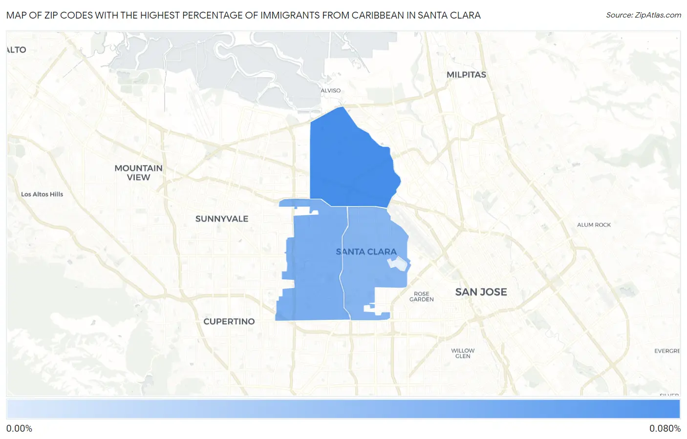 Zip Codes with the Highest Percentage of Immigrants from Caribbean in Santa Clara Map