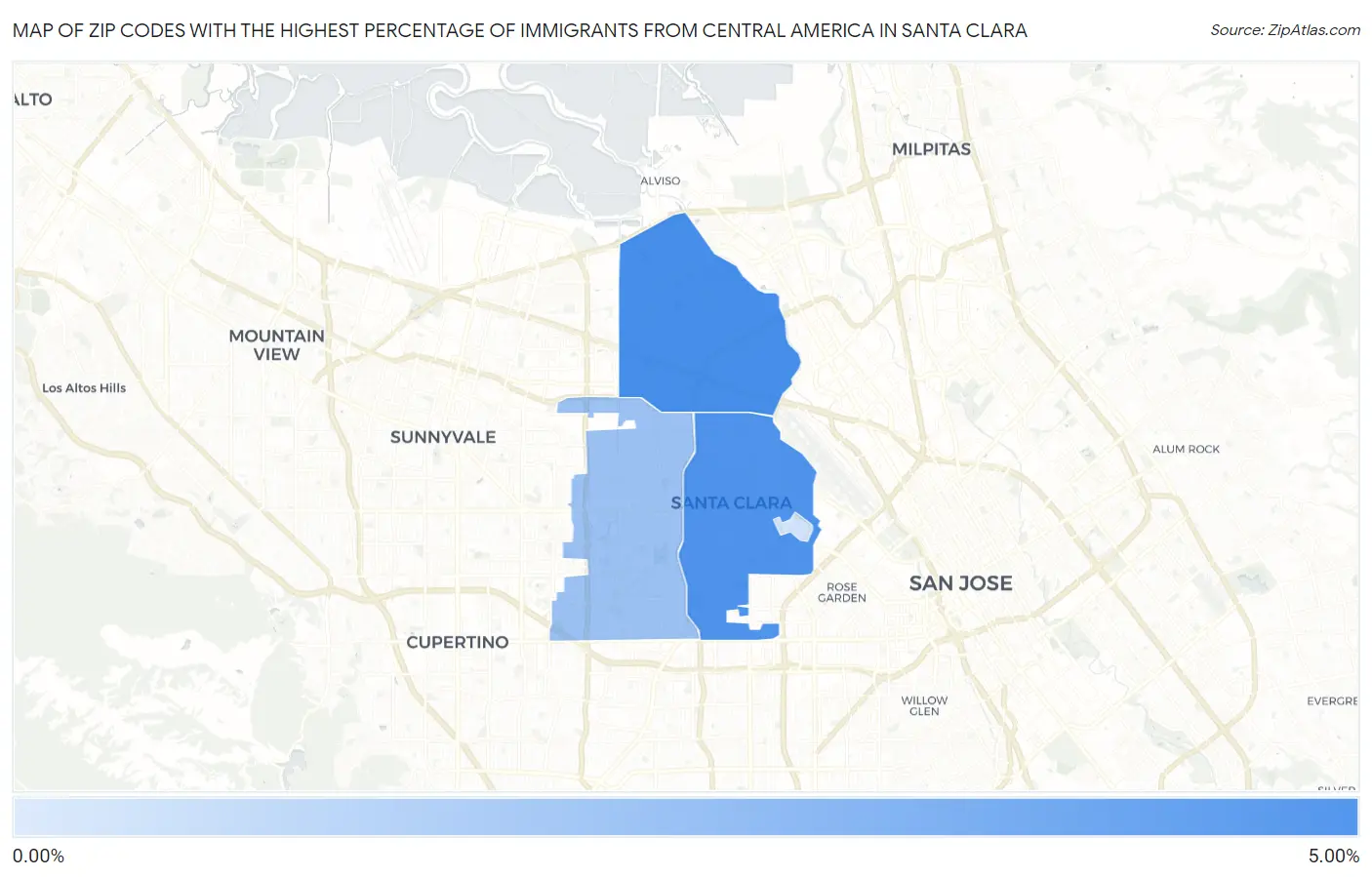 Zip Codes with the Highest Percentage of Immigrants from Central America in Santa Clara Map