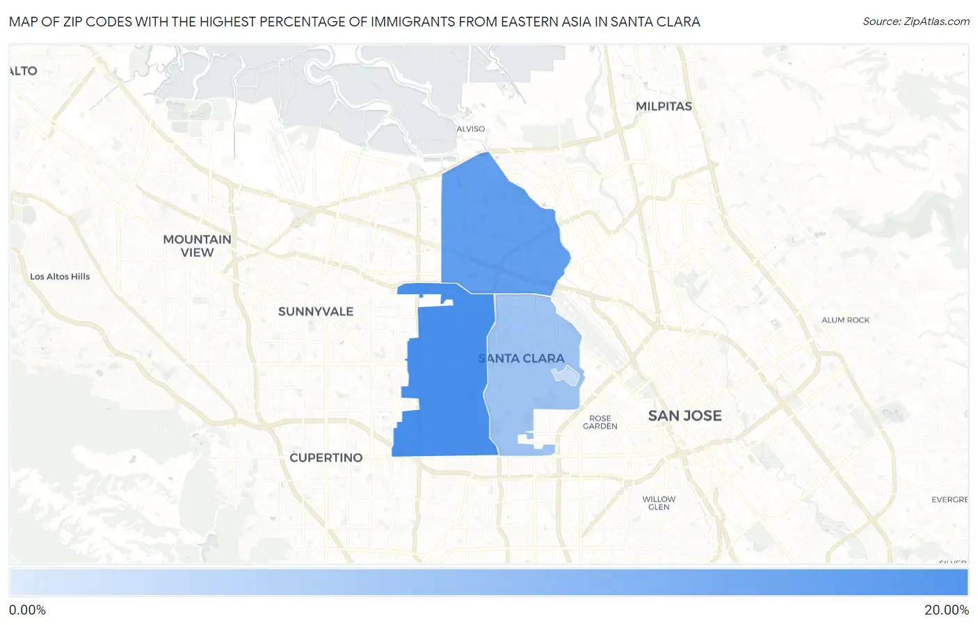 Zip Codes with the Highest Percentage of Immigrants from Eastern Asia in Santa Clara Map