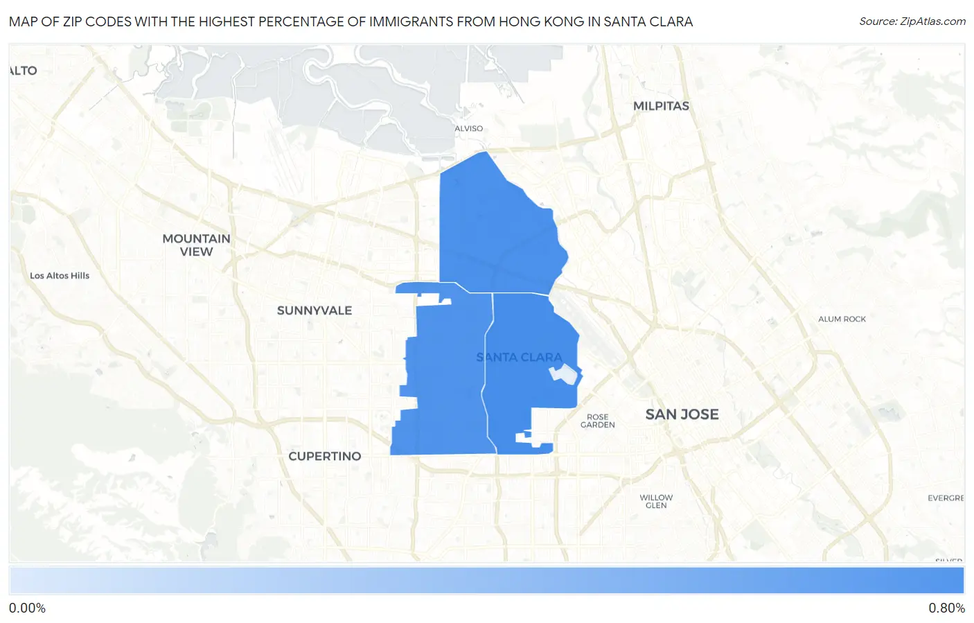 Zip Codes with the Highest Percentage of Immigrants from Hong Kong in Santa Clara Map